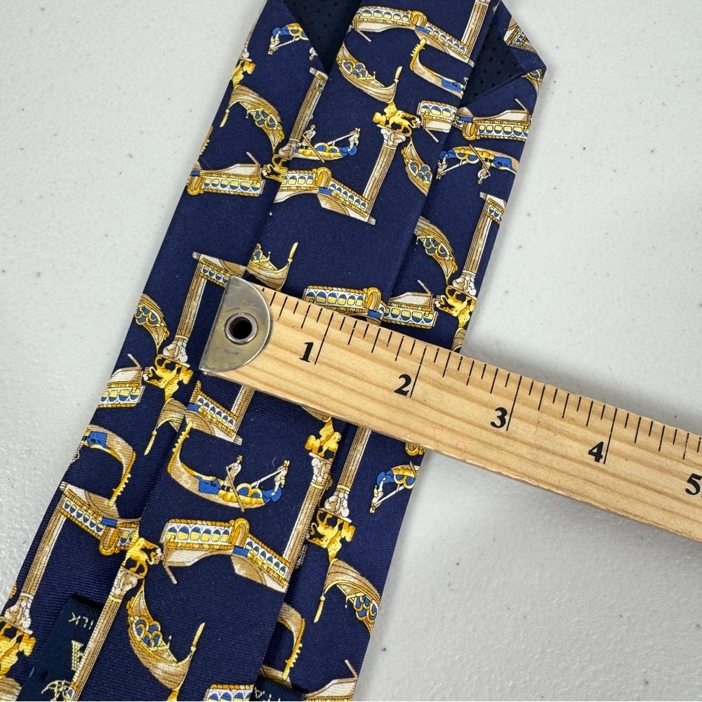 Trevisan Venezia Silk Elegant Navy and Gold Mens Tie Gondola Print Made in Italy - Picture 14 of 16